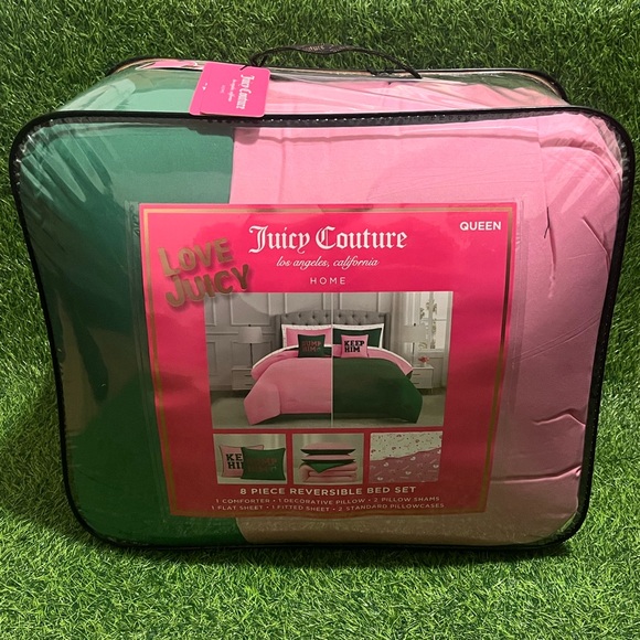 Juicy Couture Reversible "DUMP HIM/KEEP HIM" 8 piece QUEEN Comforter Bed Set - Picture 1 of 6